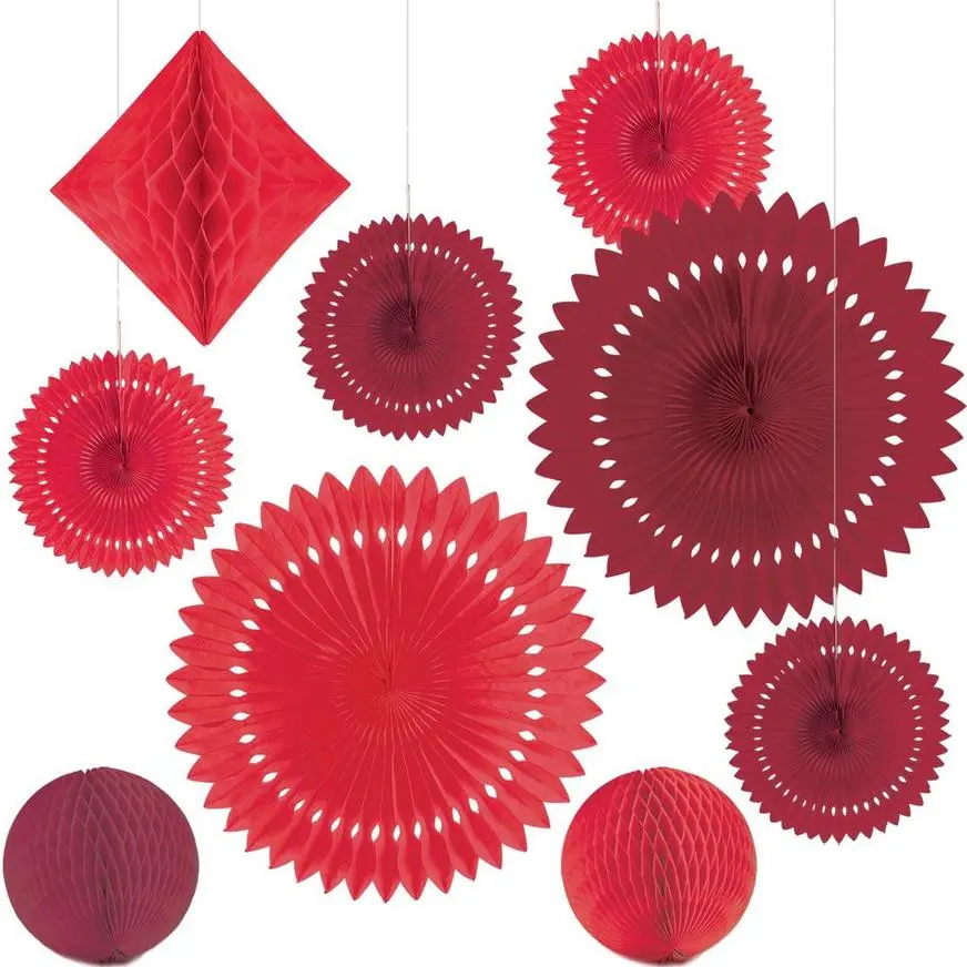 Red Paper Fan & Honeycomb Decorations, 9pc 3 Red Paper Fan & Honeycomb Decorations, 9pc - Image 2