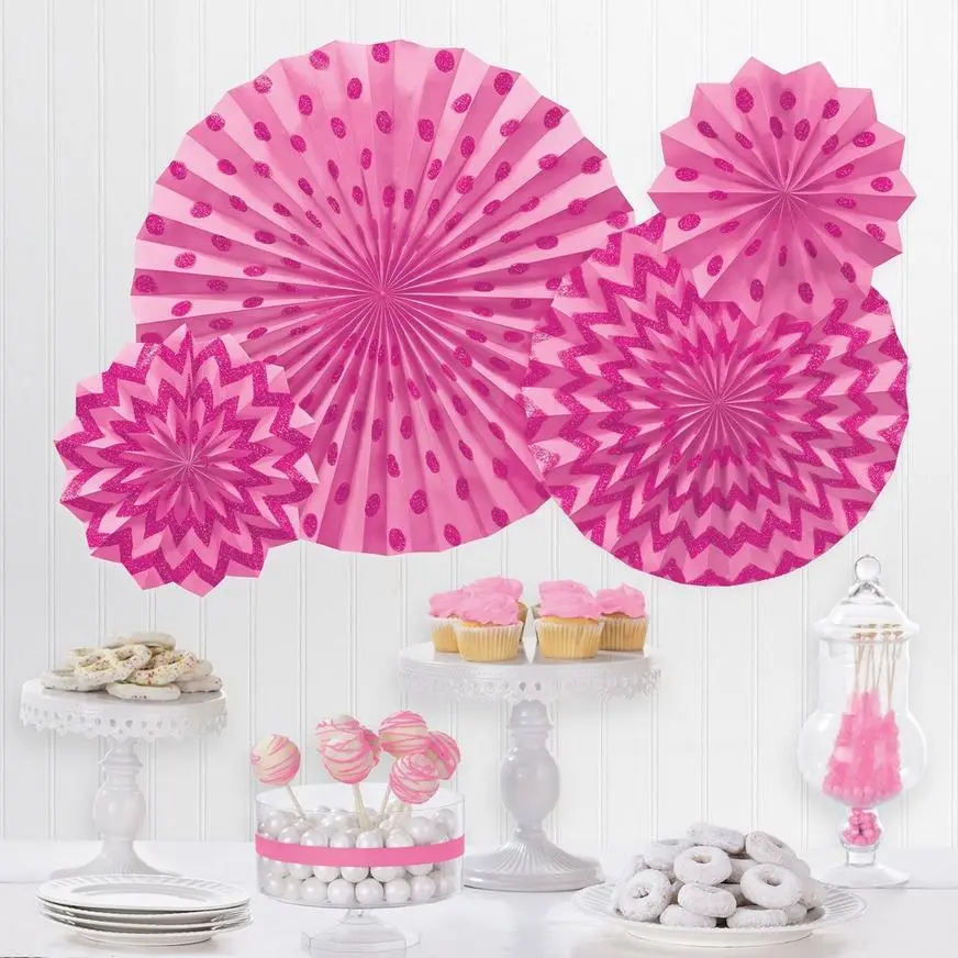 Glitter Bright Pink Polka Dot & Chevron Paper Fan Decorations, 4ct 3 Glitter Bright Pink Polka Dot & Chevron Paper Fan Decorations, 4ct