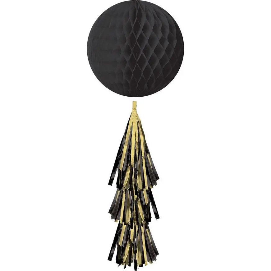 Black Honeycomb Ball Decoration With Tail, 11 1/2in X 27 1/2in 3 Black Honeycomb Ball Decoration With Tail, 11 1/2in X 27 1/2in