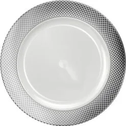 Metallic Silver Crisscross Border Premium Plastic Chargers, 12in, 10ct