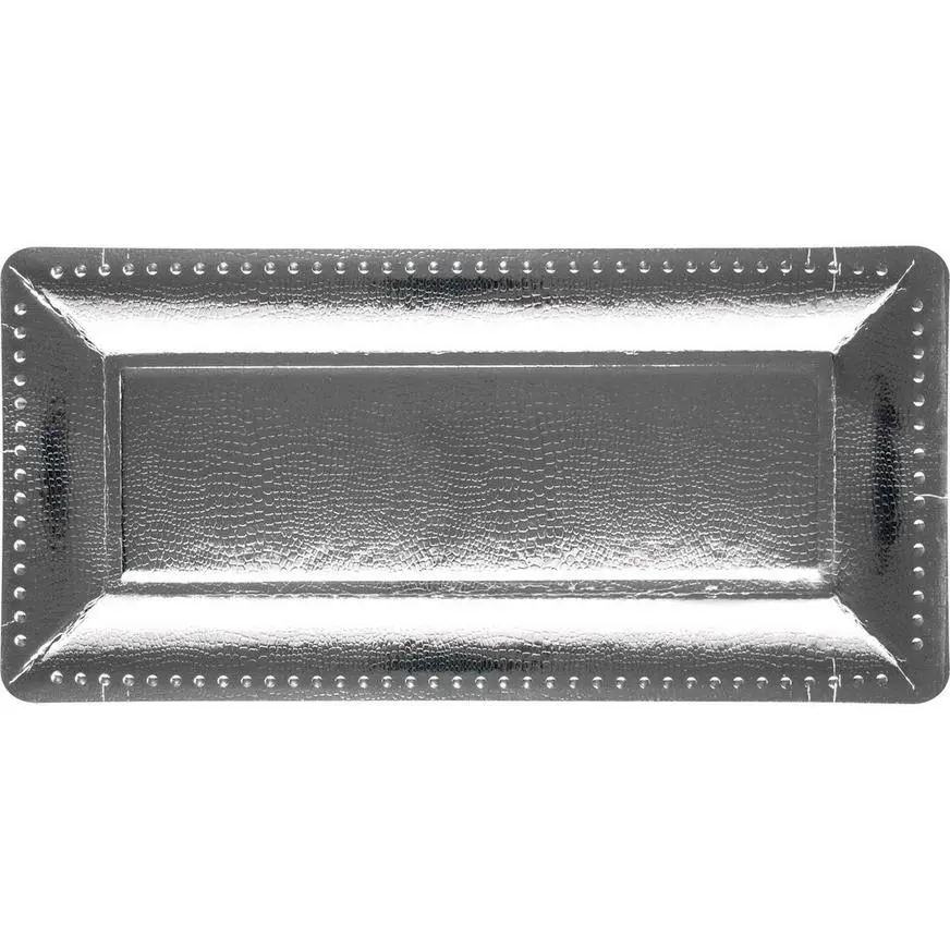 Metallic Silver Long Rectangular Paper Platters, 7.5in X 15 3/4in, 3ct 3 Metallic Silver Long Rectangular Paper Platters, 7.5in X 15 3/4in, 3ct