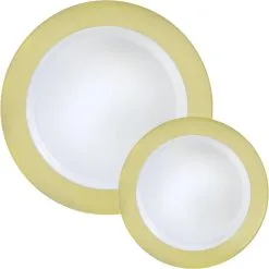 Round Premium Plastic Dinner (10.25in) & Dessert (7.5in) Plates With Gold Border, 20ct