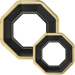 Octoganal Premium Paper Dinner (10.25in) & Dessert (7.5in) Plates With Black & Gold Border, 20ct