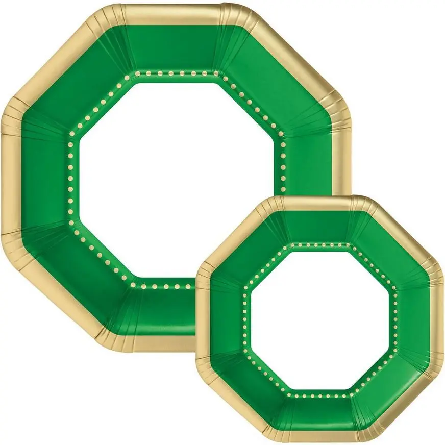 Octoganal Premium Paper Dinner (10.25in) & Dessert (7.5in) Plates With Festive Green & Gold Border, 20ct 3 Octoganal Premium Paper Dinner (10.25in) & Dessert (7.5in) Plates With Festive Green & Gold Border, 20ct