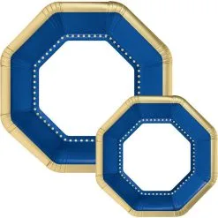 Octoganal Premium Paper Dinner (10.25in) & Dessert (7.5in) Plates With Royal Blue & Gold Border, 20ct