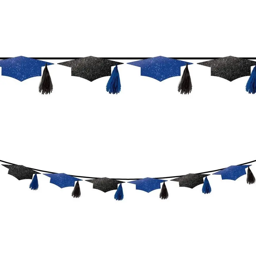 Glitter Black & Blue Grad Cap Cardstock & Ribbon Tassel Banner, 9ft 3 Glitter Black & Blue Grad Cap Cardstock & Ribbon Tassel Banner, 9ft