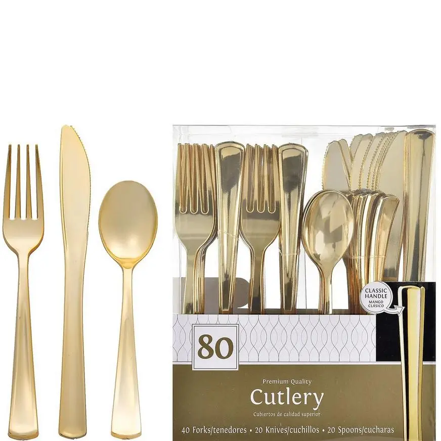 Metallic Gold Premium Plastic Cutlery Set, 80pc, Service For 20 3 Metallic Gold Premium Plastic Cutlery Set, 80pc, Service For 20