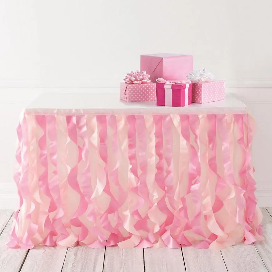 Pink Fabric Ruffle Table Skirt, 30in X 72in - Oh Baby! Girl 3 Pink Fabric Ruffle Table Skirt, 30in X 72in - Oh Baby! Girl