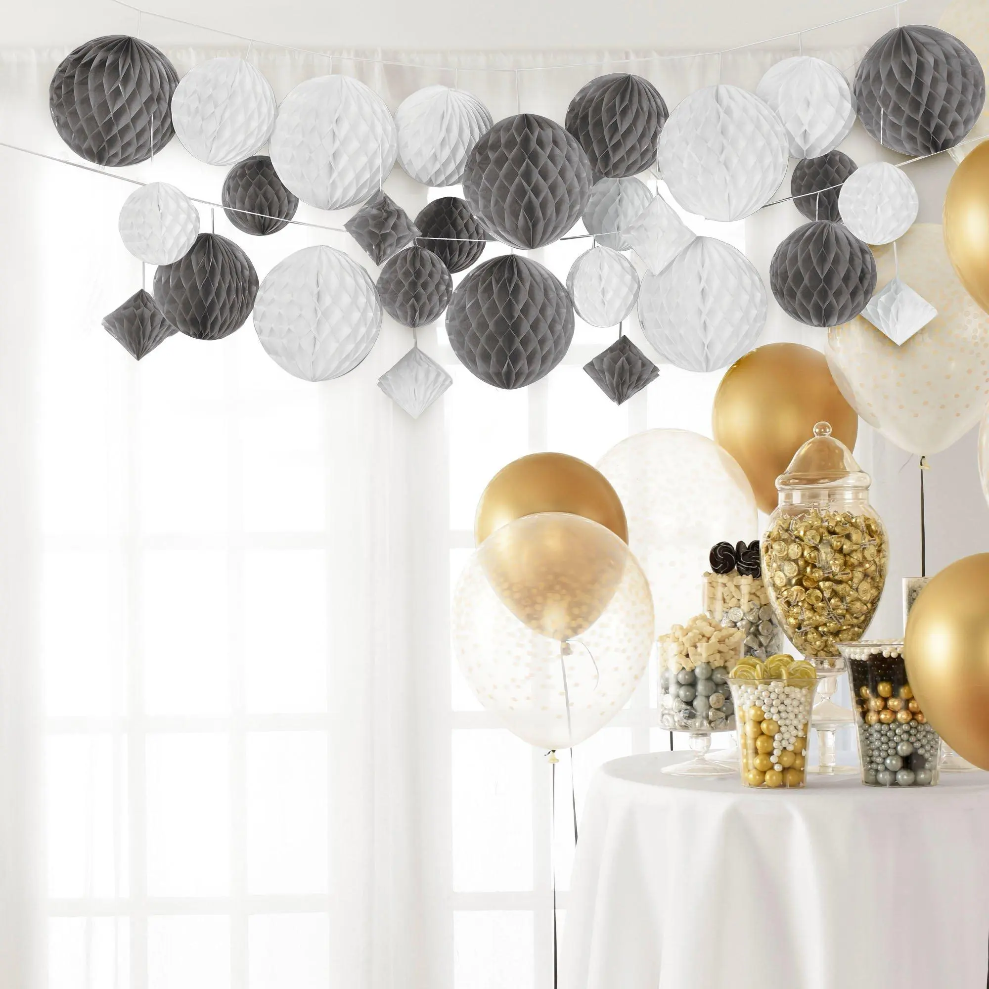 Silver & White Honeycomb Hanging Decorations, 12ft, 29pc 4 Silver & White Honeycomb Hanging Decorations, 12ft, 29pc - Image 2