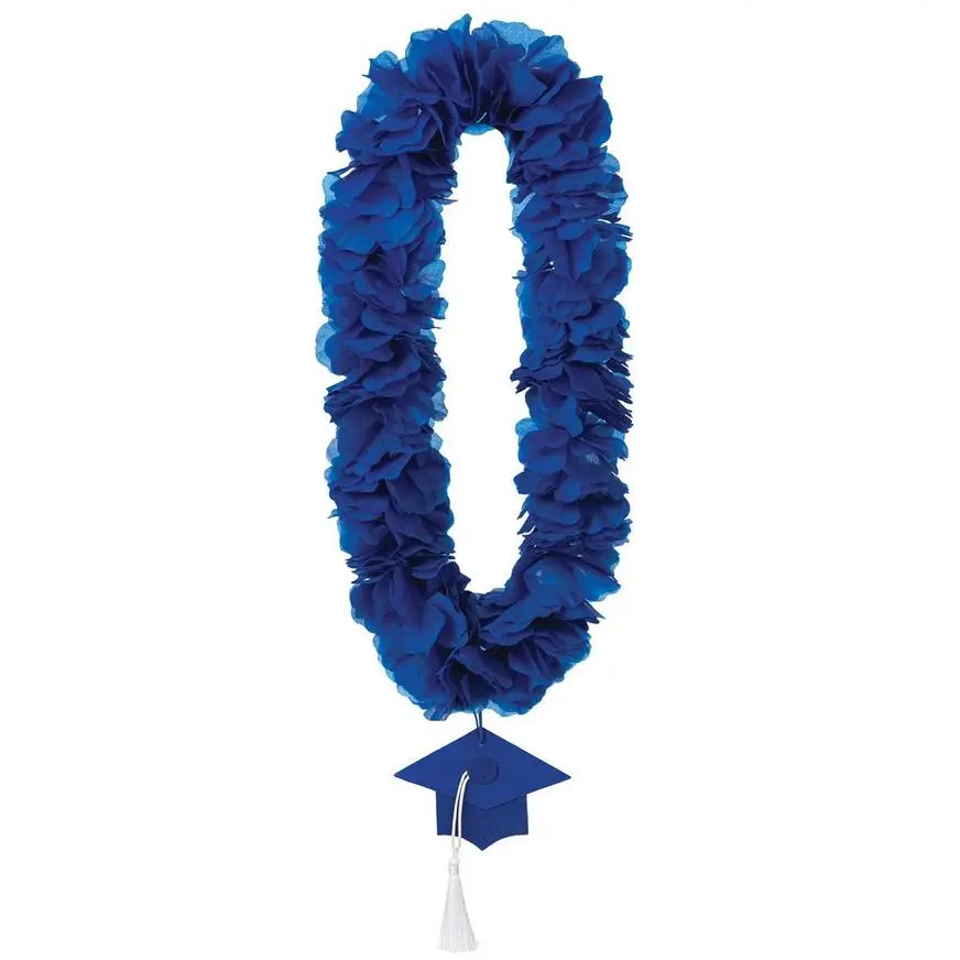 Blue Fabric Lei With Graduation Cap Pendant, 20in 3 Blue Fabric Lei With Graduation Cap Pendant, 20in