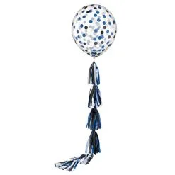 1ct, 24in, Blue Confetti Latex Balloon With Tassel Tail - School Colors