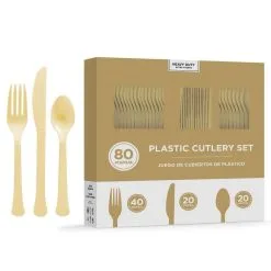 Gold Heavy-Duty Plastic Cutlery Set For 20 Guests, 80ct