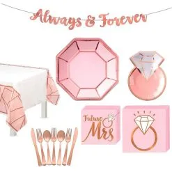 Metallic Blush & Rose Gold Ring Bachelorette Party Tableware Kit For 8 Guests